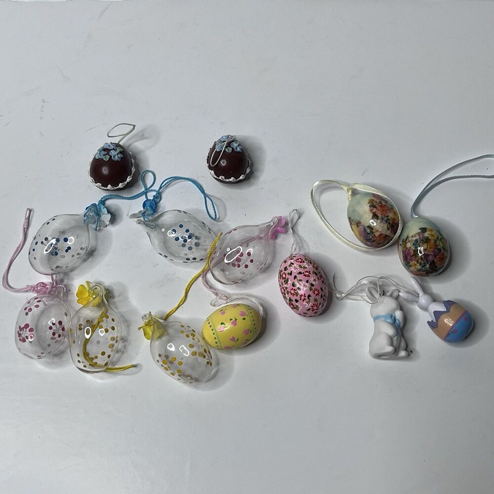 LOT Of 14 Vintage Easter Egg Ornament Decoupage Glass Bunny In Heart Shape Box
